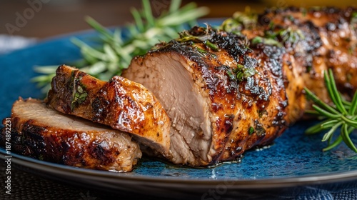 Succulent roasted pork tenderloin with herbs and seasoning, ready to serve as gourmet dinner