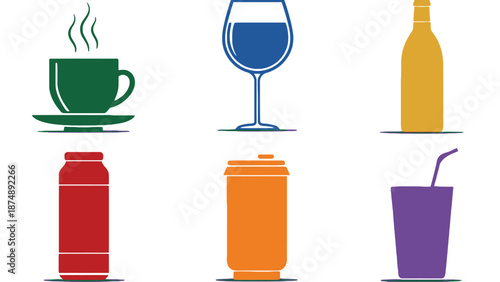 A colorful illustration of various beverage containers and glasses on a white background