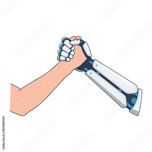 The Future is Now Human and Robot Arms Lock in a Symbolic Arm Wrestle, Illustrating the Complex Dynamics of Progress, Competition, and Partnership Between Humanity and AI