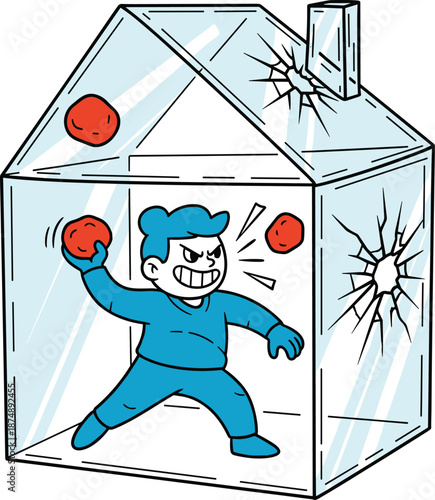 Man Throwing Stones Inside a Glass House, Concept of Hypocrisy and Self-Destructive Behavior, Whimsical Idiom Metaphor and Human Irony Vector Illustration