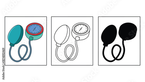 A set of three blood pressure cuffs in different illustration styles