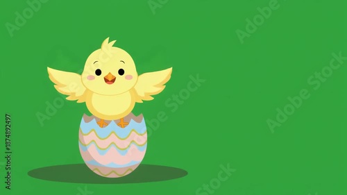 A cute yellow cartoon chick with wings spread, emerging from a pastel decorated Easter egg on a vibrant green background.