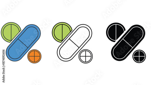 A set of colorful pill icons in different styles and colors
