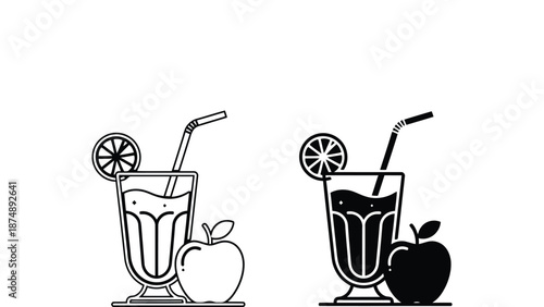 A set of colorful illustrations of healthy drinks and fresh fruit