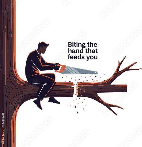 Man Sawing Tree Branch While Sitting on It, Literal Metaphor for Biting the Hand That Feeds You, Concept of Ingratitude, Self-Sabotage, and Human Error Vector Illustration