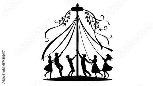 A group of people dancing around a maypole on a festive occasion