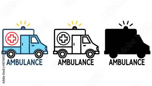 Three different colored ambulance icons on a white background