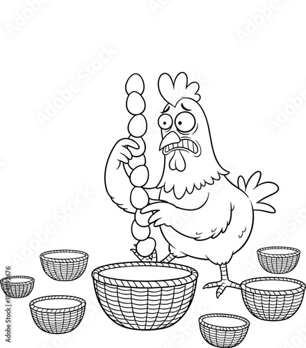 Panicked Chicken Balancing Stack of Eggs Over Empty Baskets, Concept of Putting All Your Eggs in One Basket and Resource Management, Funny Animal Metaphor Line Art Vector Illustration