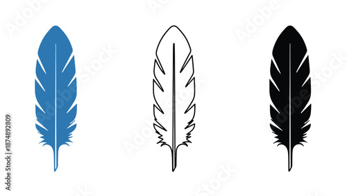 A set of three simple feather icons in different colors on white