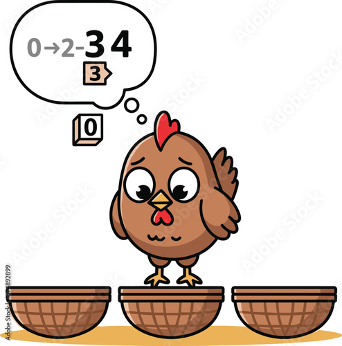 Sad Hen Standing Over Three Empty Baskets with Math Thought Bubble, Concept of Low Yield, Agricultural Loss, and Failed Production Vector Illustration