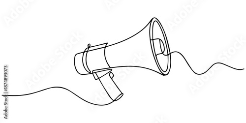Megaphone in one line art style. Drawing of a bullhorn with an editable black stroke on a white background. Vector illustration, One Continuous Line Drawing of Announcement Icon. Single Line Vector