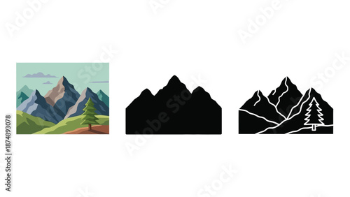 Majestic mountain peaks rise majestically against a serene sky, with rolling hills and a lone pine tree.