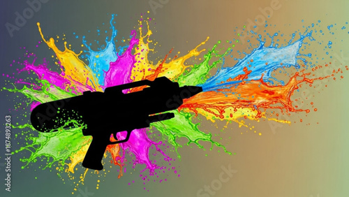 A colorful vector graphic of a gun silhouette with vibrant paint splatters