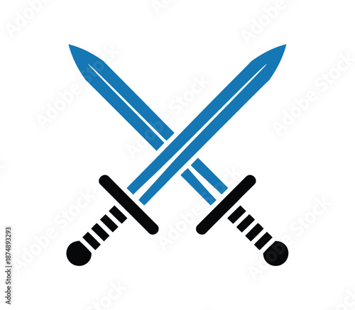 A pair of crossed blue swords with black handles on a white background
