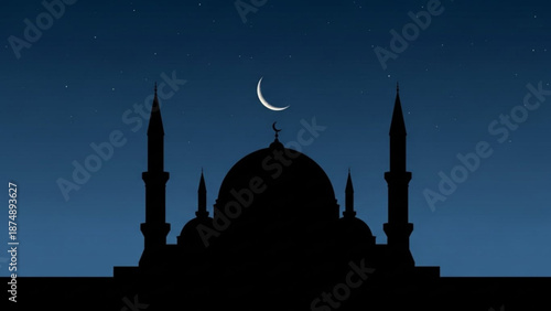 A serene silhouette of a mosque under a crescent moonlit night sky