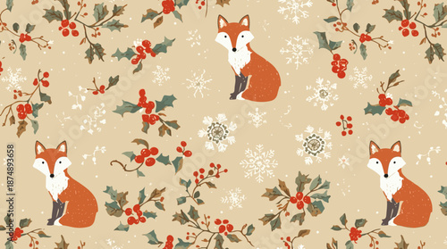 Vector template featuring a seamless Christmas pattern with fabric motifs, adorable fox animals with white fur and black noses, holly twigs adorned