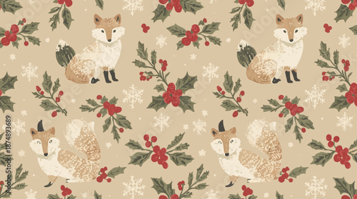 Vector template featuring a seamless Christmas pattern with fabric motifs, adorable fox animals with white fur and black noses, holly twigs adorned