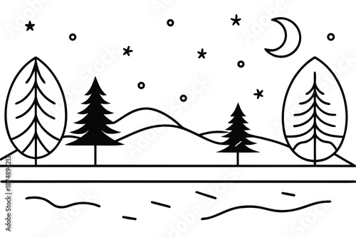 Black and white illustration of a serene winter landscape with trees and moon
