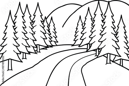 black and white illustration of road through coniferous forest