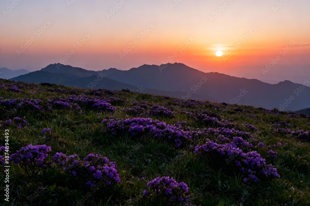 Fototapeta premium Sunset over purple flowers in mountains