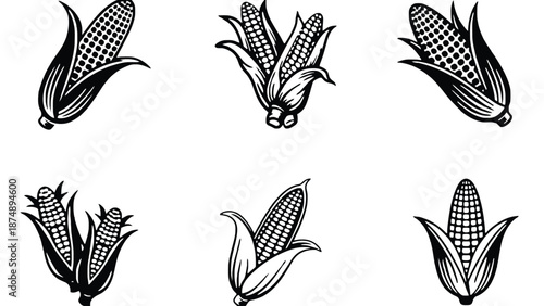 An illustration of various corn icons in black and white