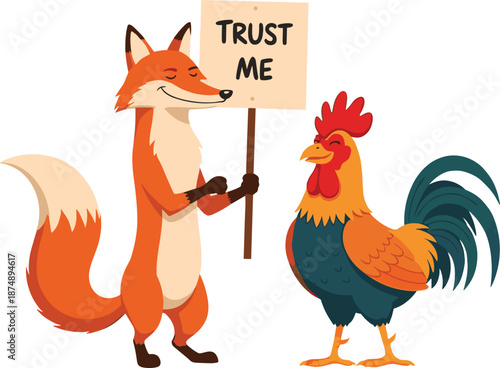 Sly Fox Holding Trust Me Sign with Happy Rooster, Concept of Blind Trust and Deceptive Persuasion, Whimsical Animal Character and Fable Metaphor Vector Illustration