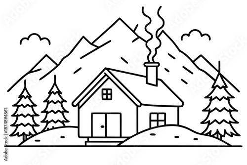 a house with a chimney and trees in front of a mountain range