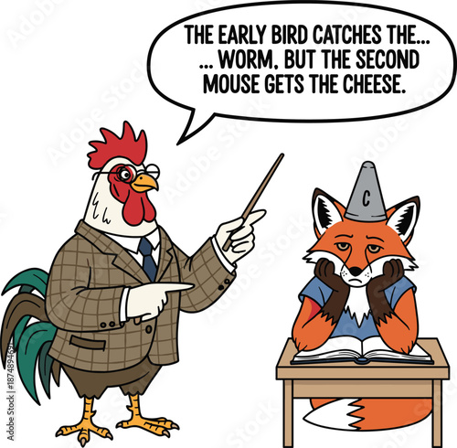 Rooster Teacher Lecturing a Fox in a Dunce Cap, Subverted Proverb and Educational Irony Concept, Whimsical Animal Character and Clever Metaphor Vector Illustration