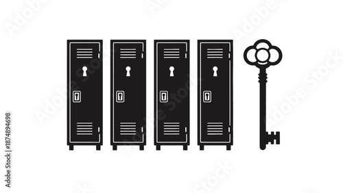 Four black lockers with a large key on a white background