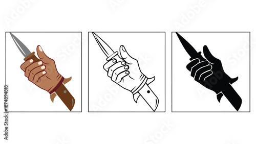 A hand holding a knife in different color styles and shades