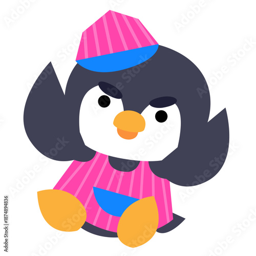 アイス屋さんの帽子をかぶったペンギンのかわいいイラスト
