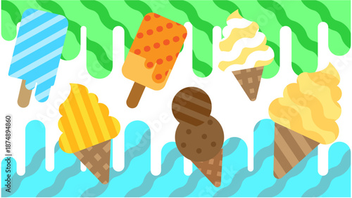 いろいろなアイスクリームが並んだ夏らしい背景イラスト