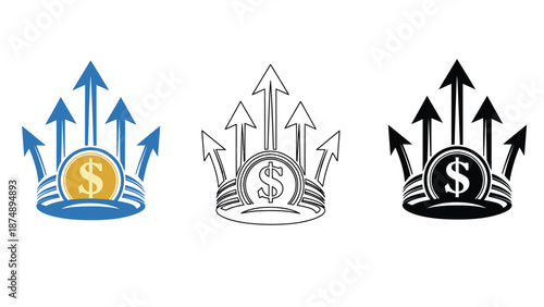 Three icons of growing money with arrows pointing upwards in different colors
