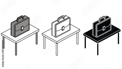 Three briefcases sitting on different colored tables in a row