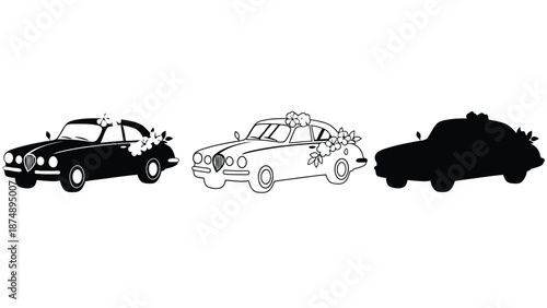 Three cars with flowers on them in different illustration styles