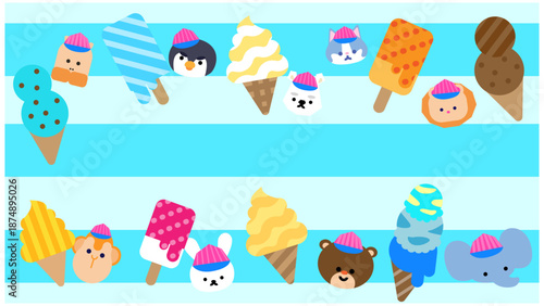 アイス屋さんのいろいろなアイスと動物キャラクターのイラスト