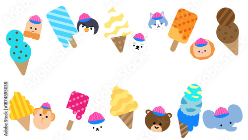 いろいろなアイスクリームと動物キャラクターのかわいいイラスト
