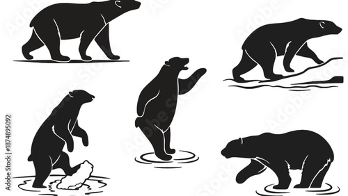 A set of black bear silhouettes in various poses and movements