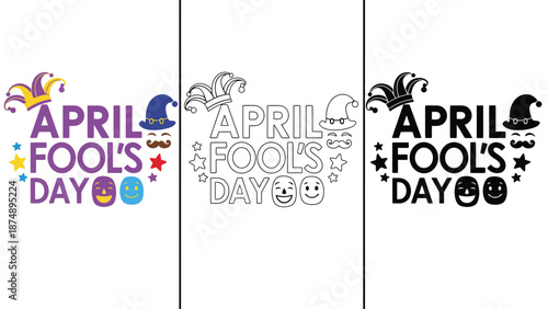 A colorful April Fool's Day graphic design with jester hats and emojis