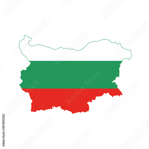 Map outline of Bulgaria filled with horizontal stripes of national flag colors