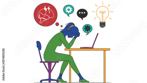 A frustrated woman sits at a desk with a laptop experiencing mental fatigue