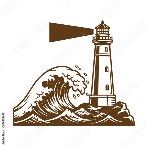 Drawing Vintage Brown illustration of a lighthouse on rocky coast with a large wave crashing against it and a beam of light shining out to sea