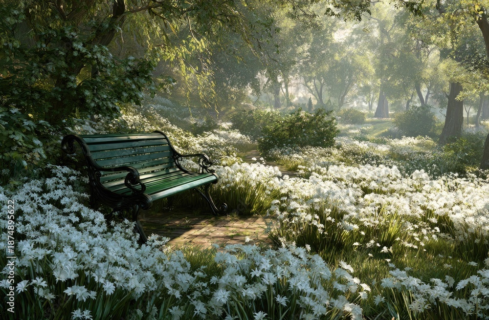 Fototapeta premium A serene park scene with a bench surrounded by wildflowers bathed in sunlight