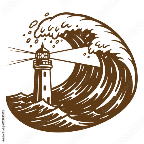 Drawing Vintage Brown illustration of a lighthouse standing tall against a massive wave crashing against it with a powerful beam of light shining out to sea