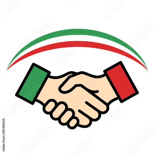 Handshake with Italian flag colors ribbon arched motif