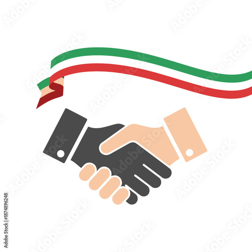 Handshake with Italian flag colors flag ribbon waving