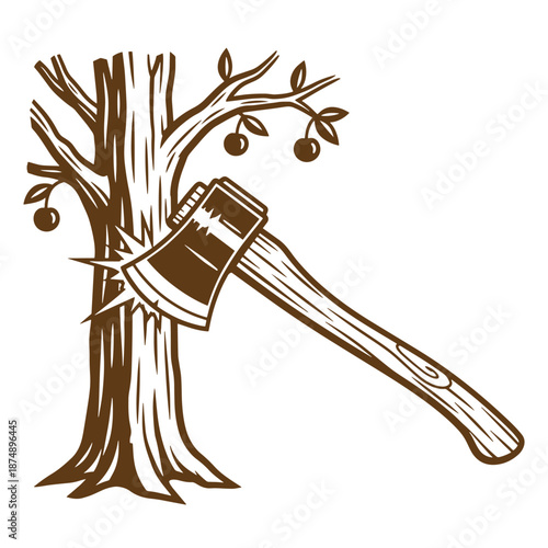 Drawing Vintage Brown illustration of an axe stuck in a tree trunk with fruits and leaves  symbolizing hard work and dedication to nature and conservation