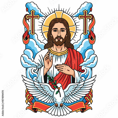 Jesus Christ with Holy Spirit Dove and Crosses