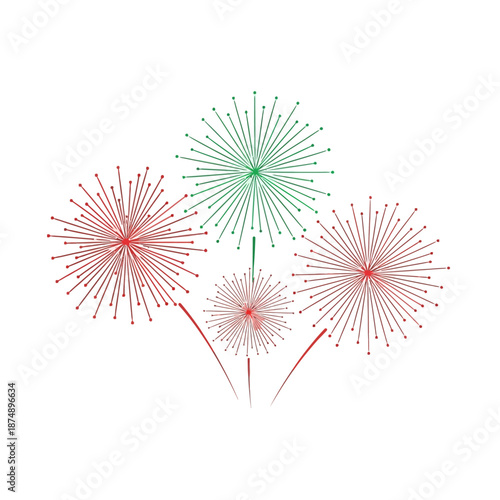 Fireworks display with red and green colors and radiating line patterns