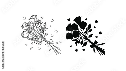 A bouquet of roses in different colors and illustration styles with hearts